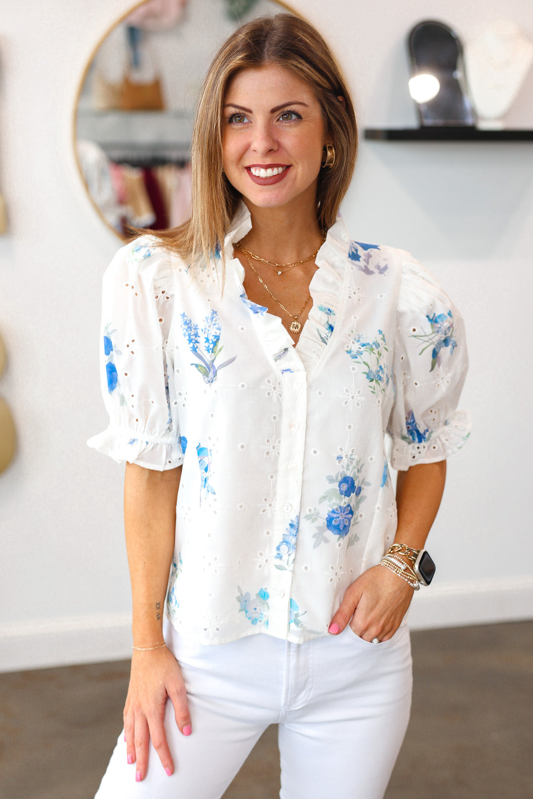 Eyelet Embroidered Floral Top - Blue