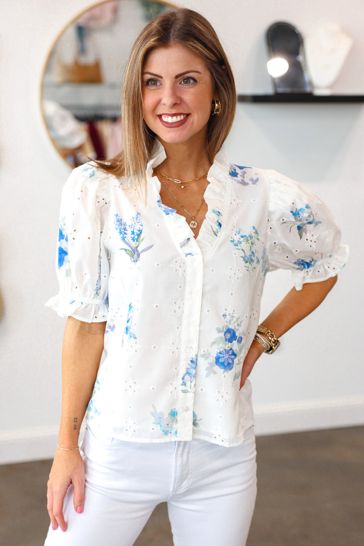 Eyelet Embroidered Floral Top - Blue