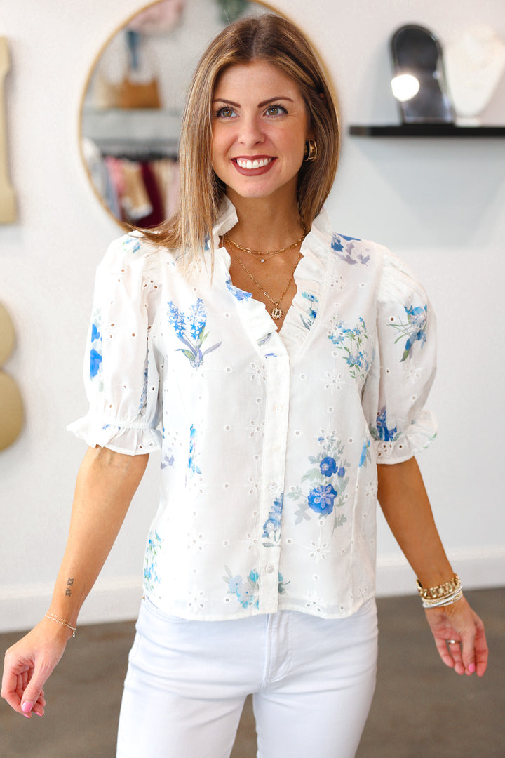 Eyelet Embroidered Floral Top - Blue