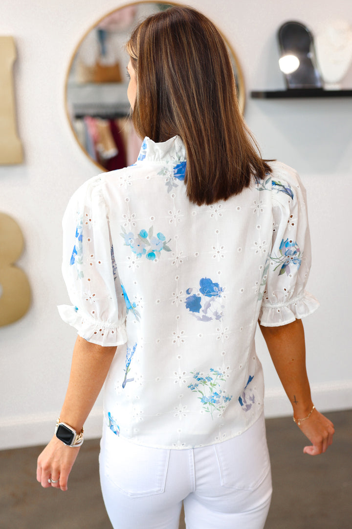 Eyelet Embroidered Floral Top - Blue