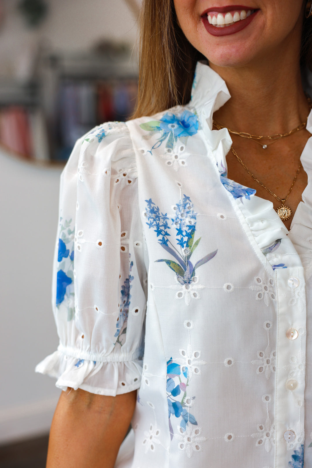 Eyelet Embroidered Floral Top - Blue