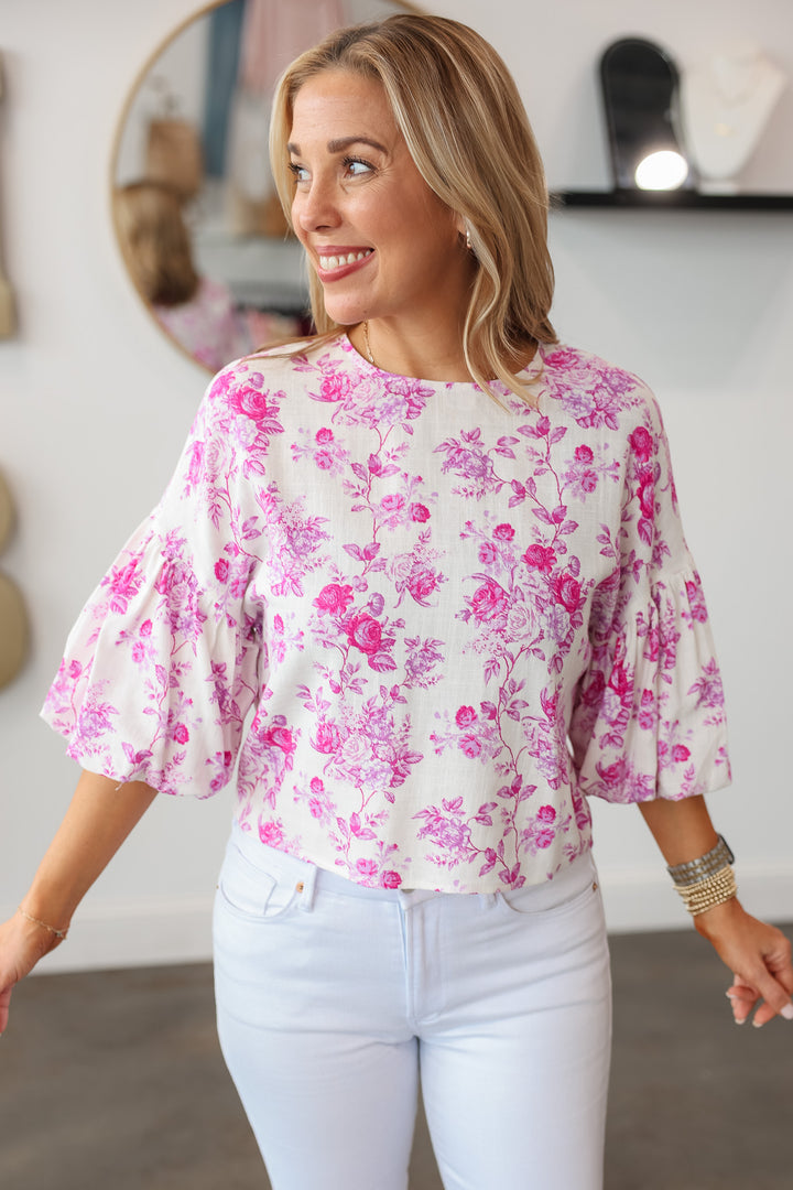 Floral Bubble Sleeve Top - Pink