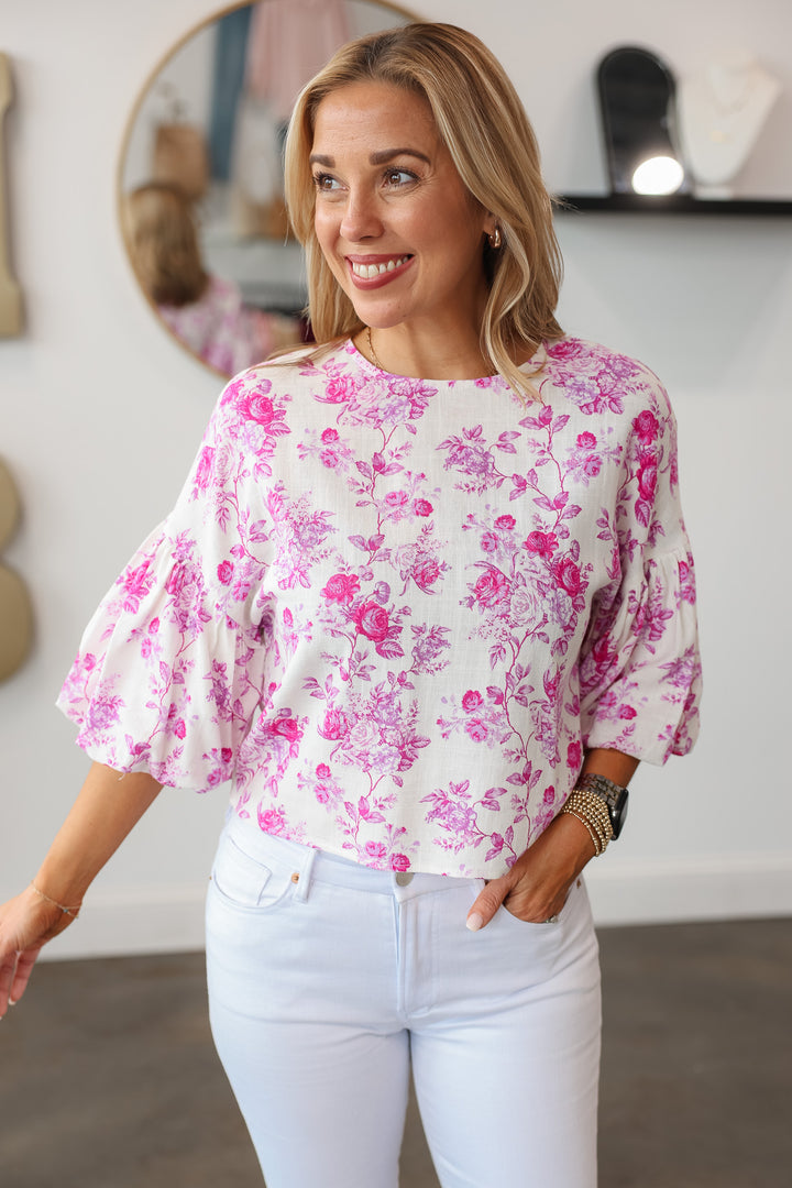 Floral Bubble Sleeve Top - Pink