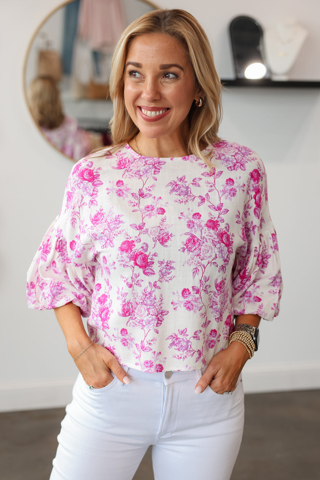 Floral Bubble Sleeve Top - Pink