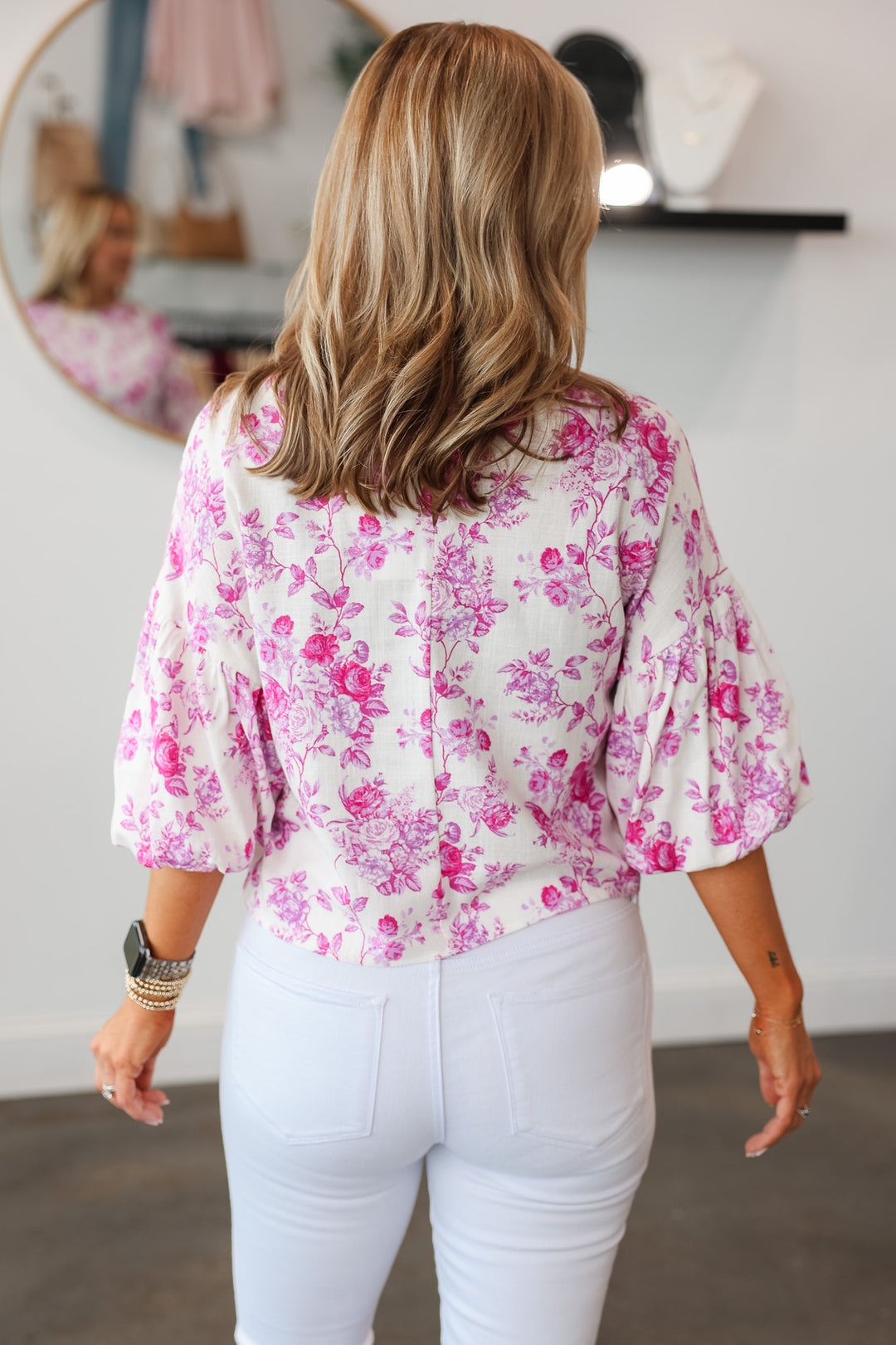 Floral Bubble Sleeve Top - Pink