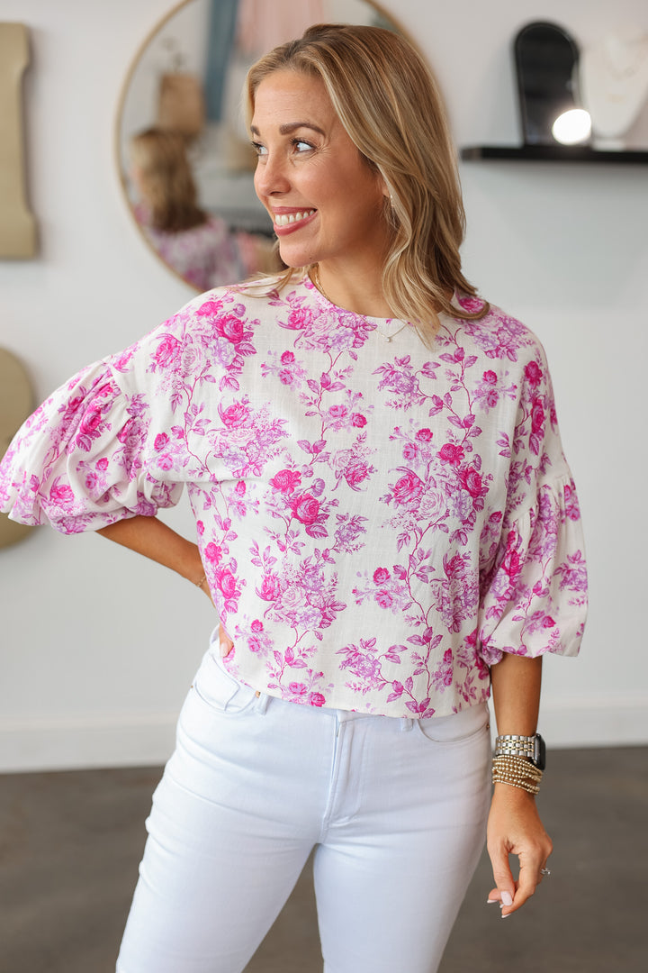 Floral Bubble Sleeve Top - Pink