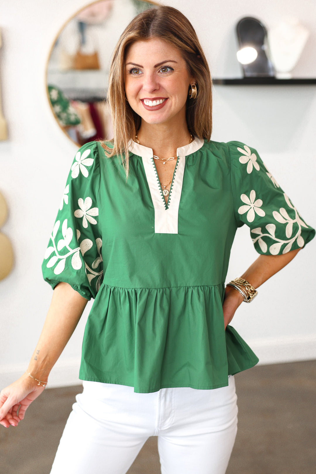 Embroidered Sleeve Top - Green