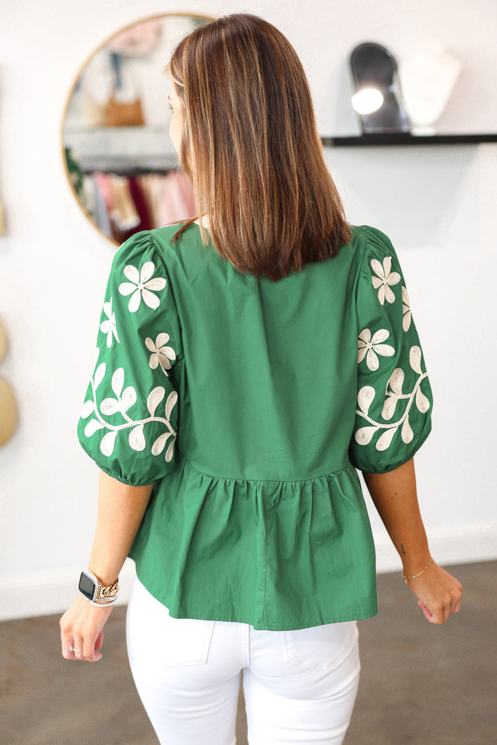 Embroidered Sleeve Top - Green