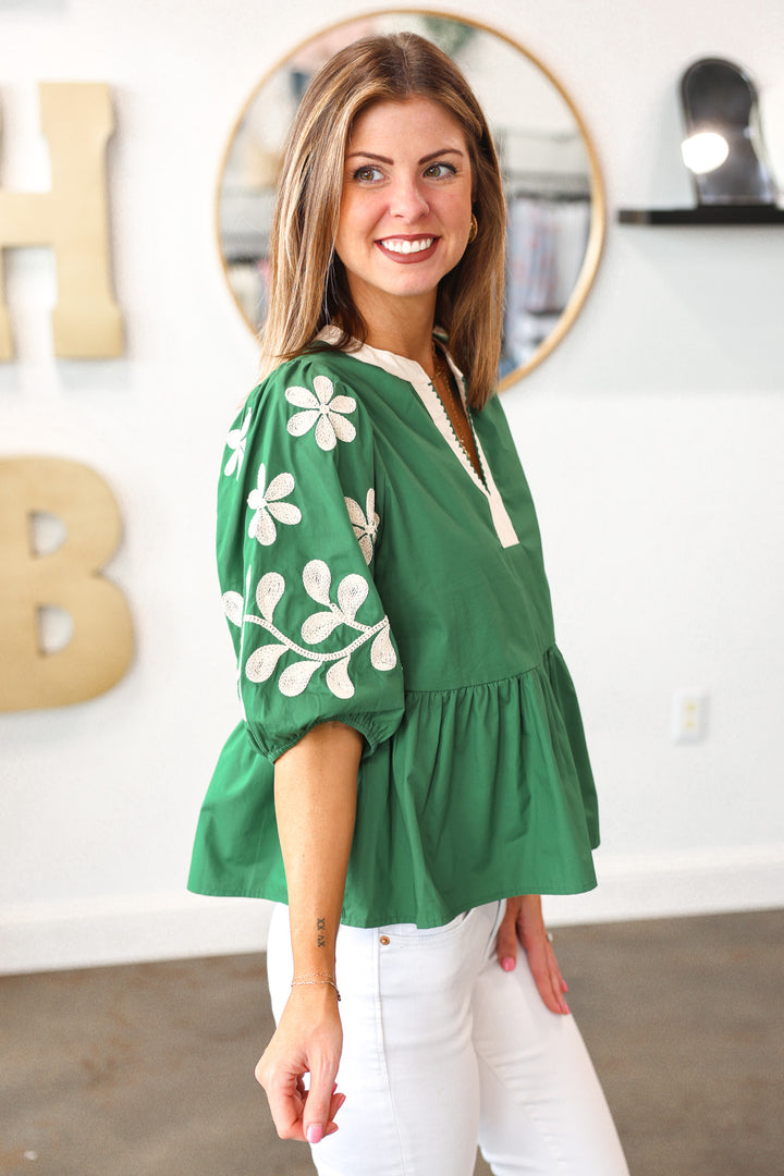 Embroidered Sleeve Top - Green