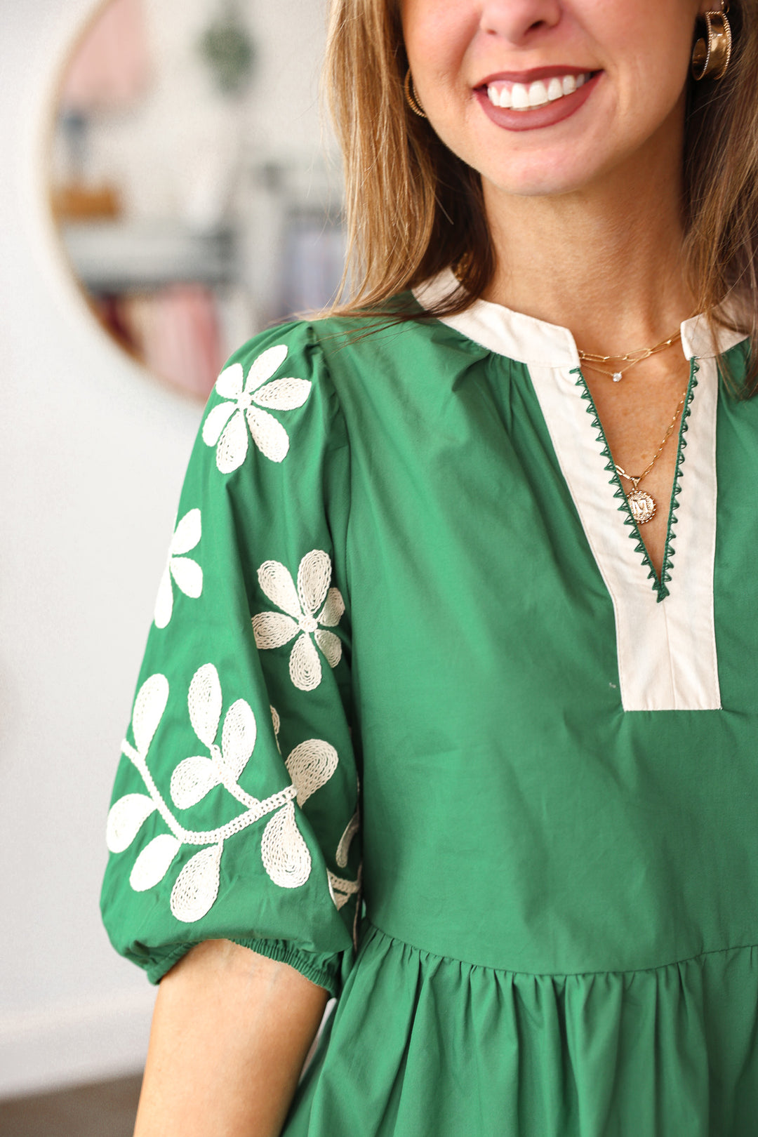 Embroidered Sleeve Top - Green