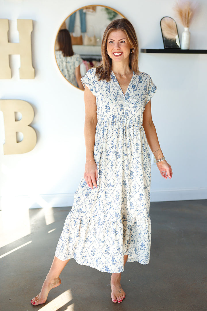 Floral Cinch Front Midi Dress - White/Blue