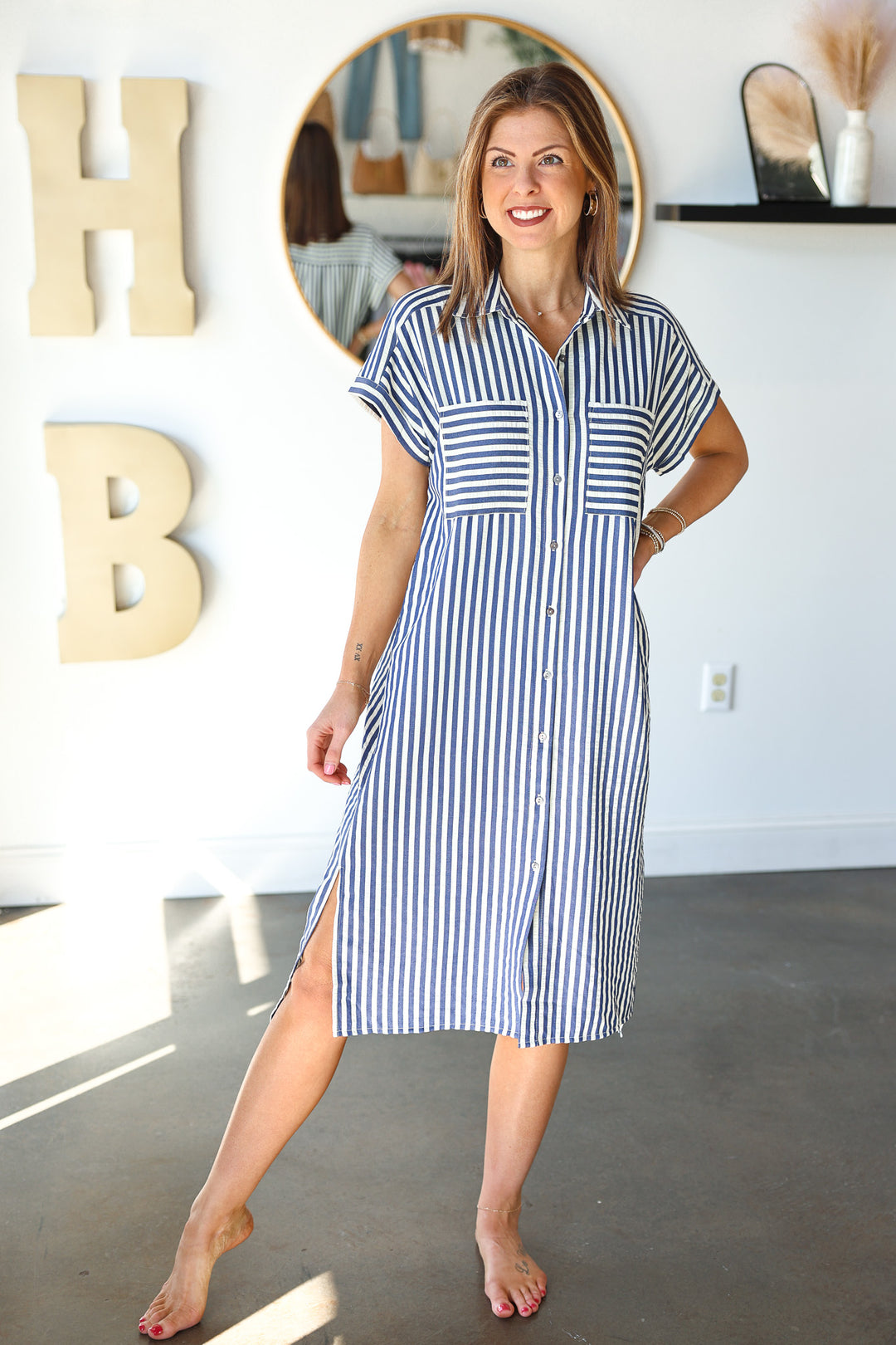 Striped Midi Dress - Navy