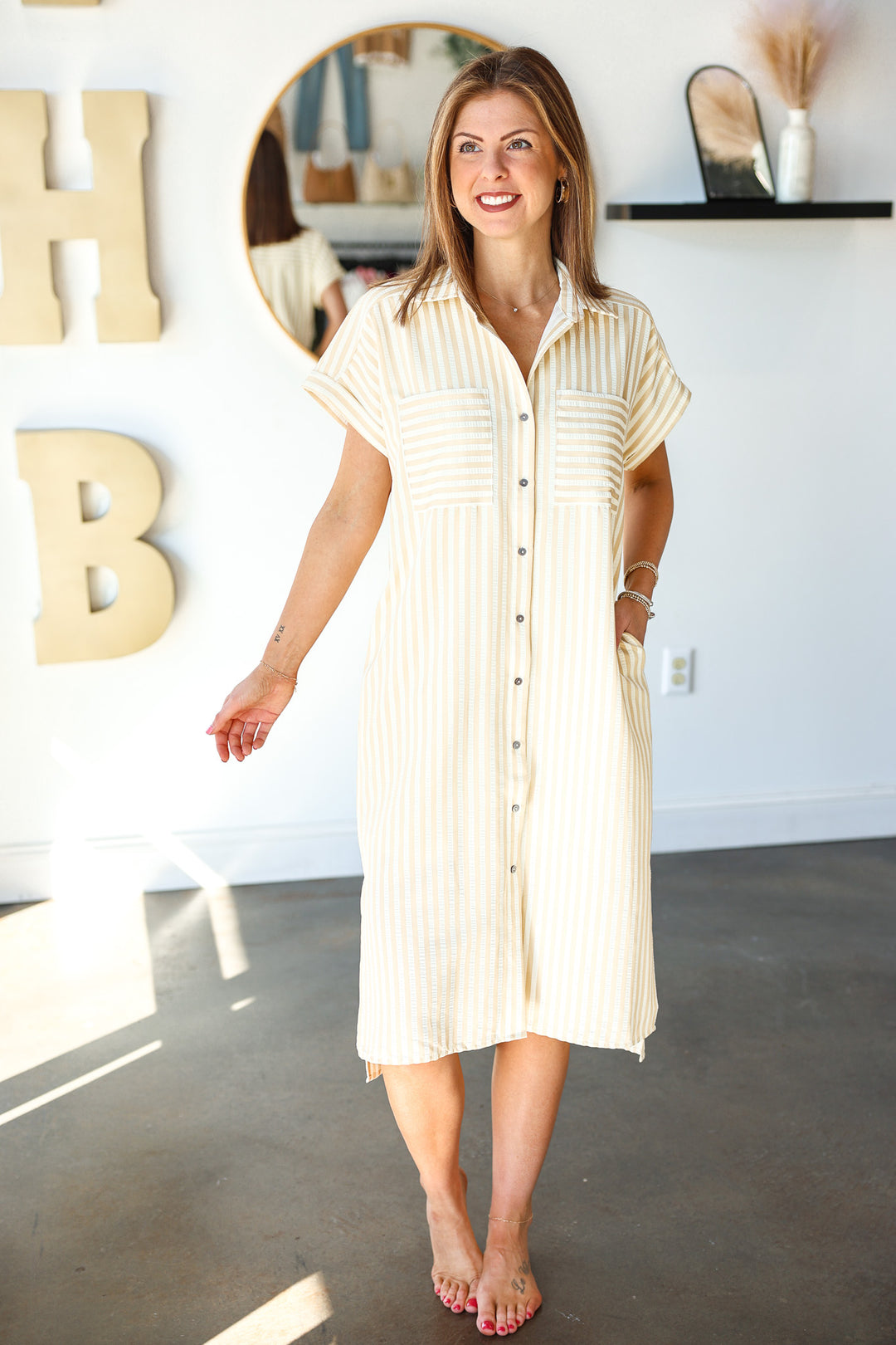 Striped Midi Dress - Taupe