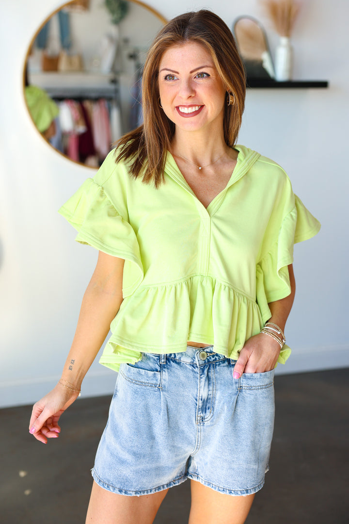 Terry Ruffle Hem Top - Apple Green