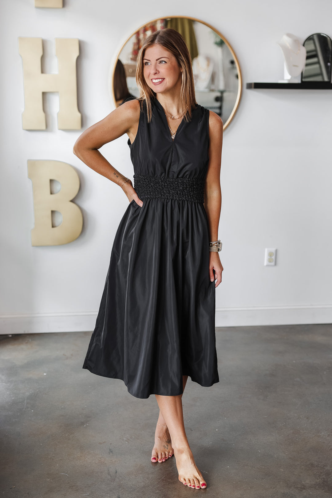 Smocked Waist Dress - Black