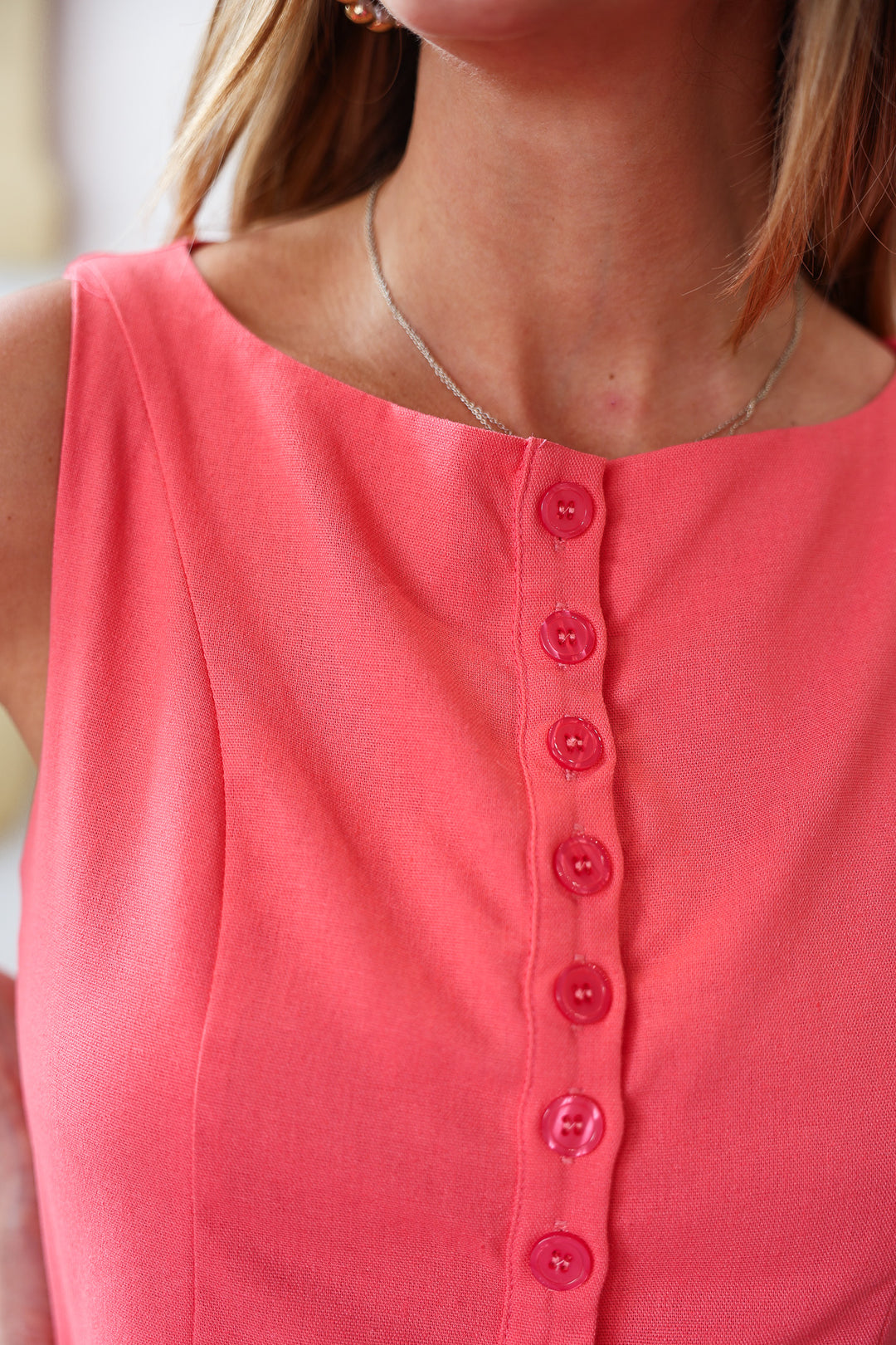 Button Front Peplum Tank - Guava