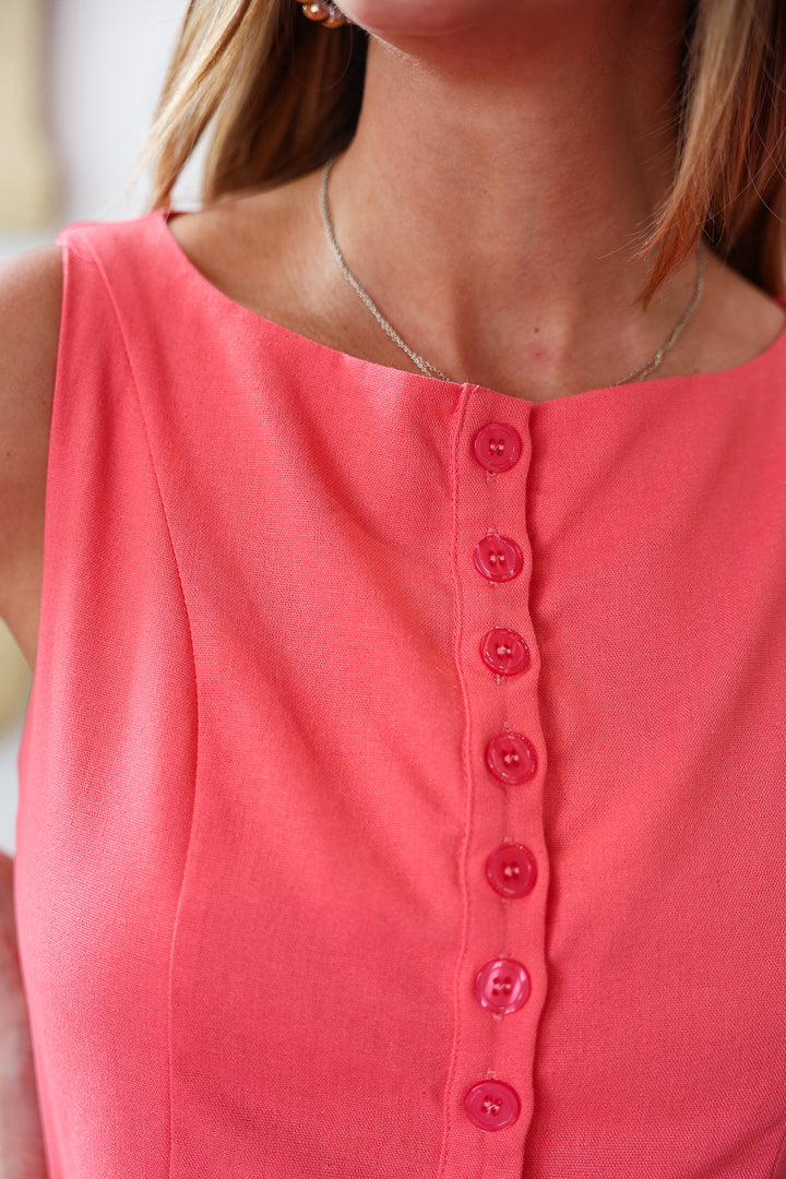 Button Front Peplum Tank - Guava