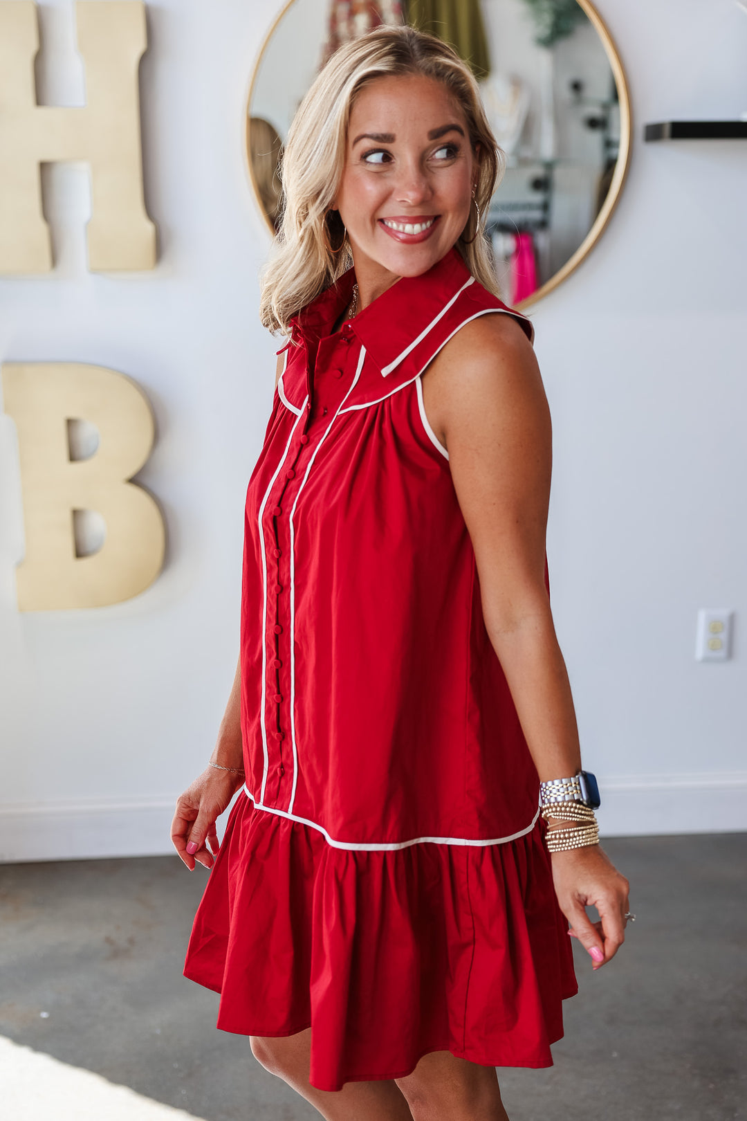 White Trim Detail Dress - Crimson