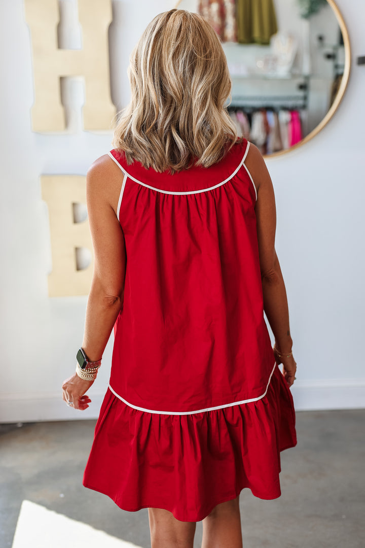 White Trim Detail Dress - Crimson