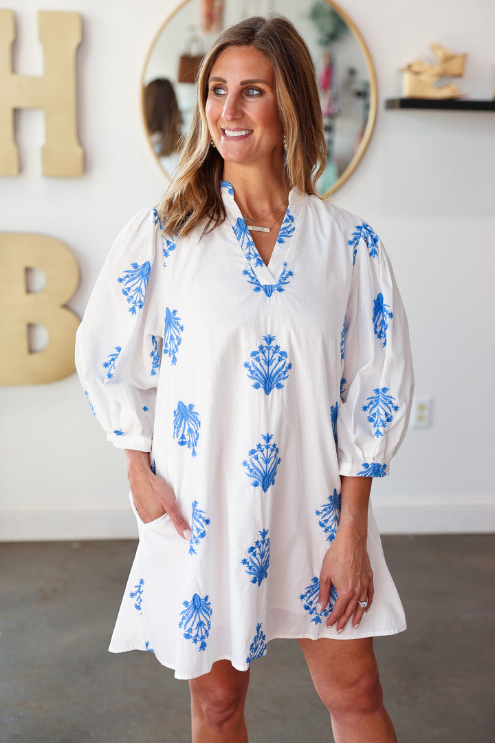 Embroidered Flowy Dress - White/Blue