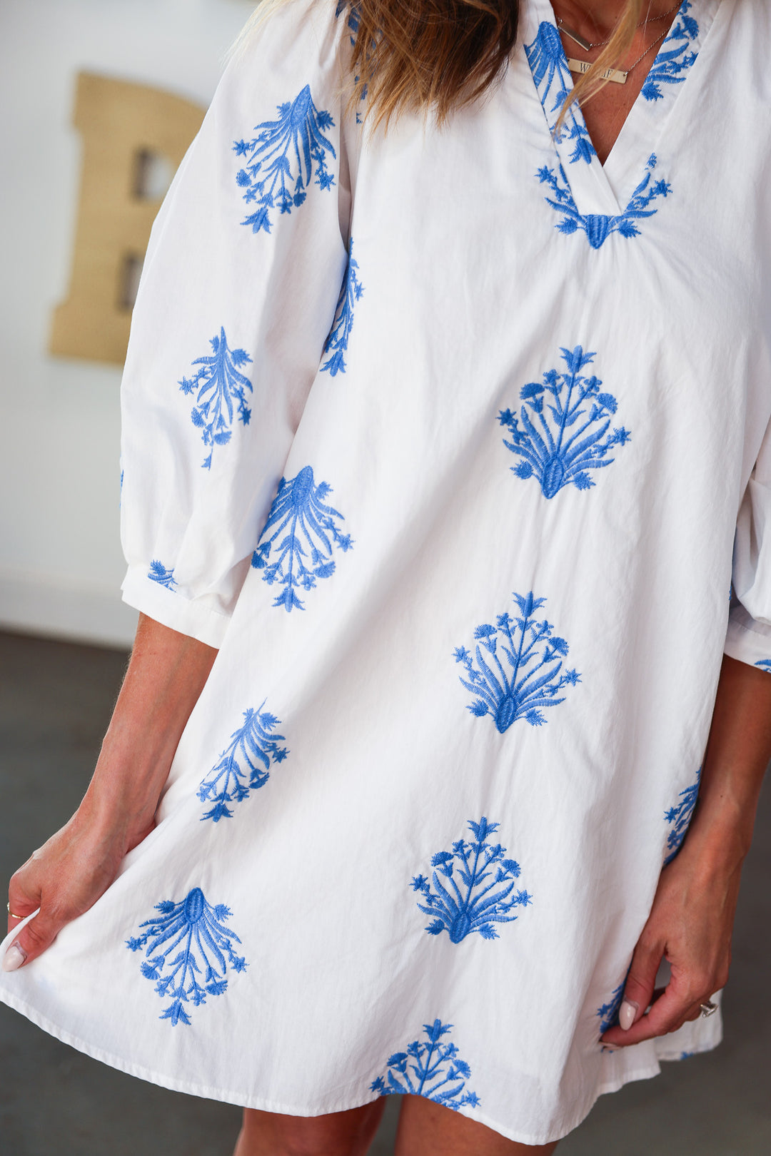 Embroidered Flowy Dress - White/Blue