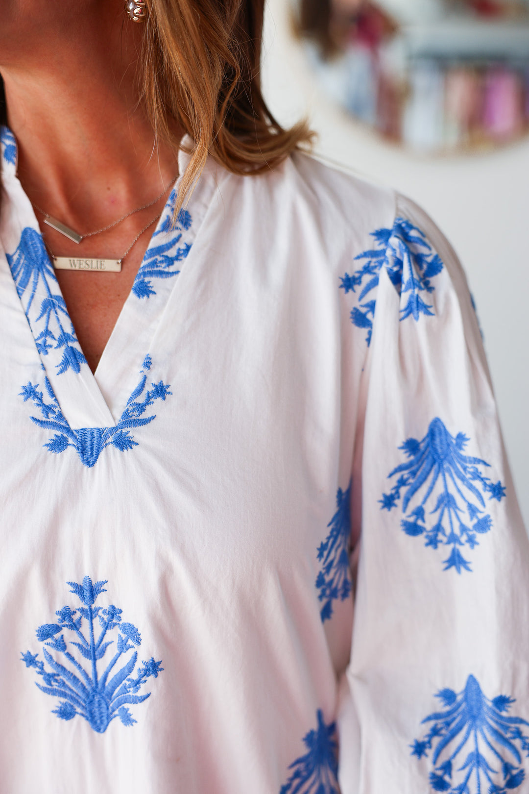 Embroidered Flowy Dress - White/Blue