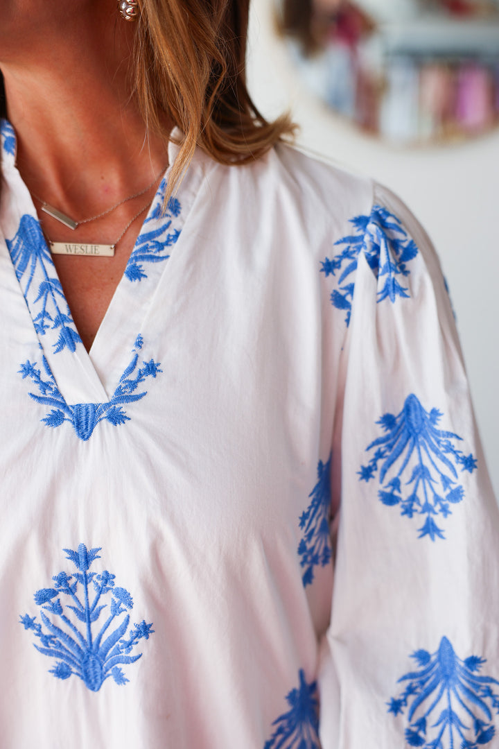 Embroidered Flowy Dress - White/Blue