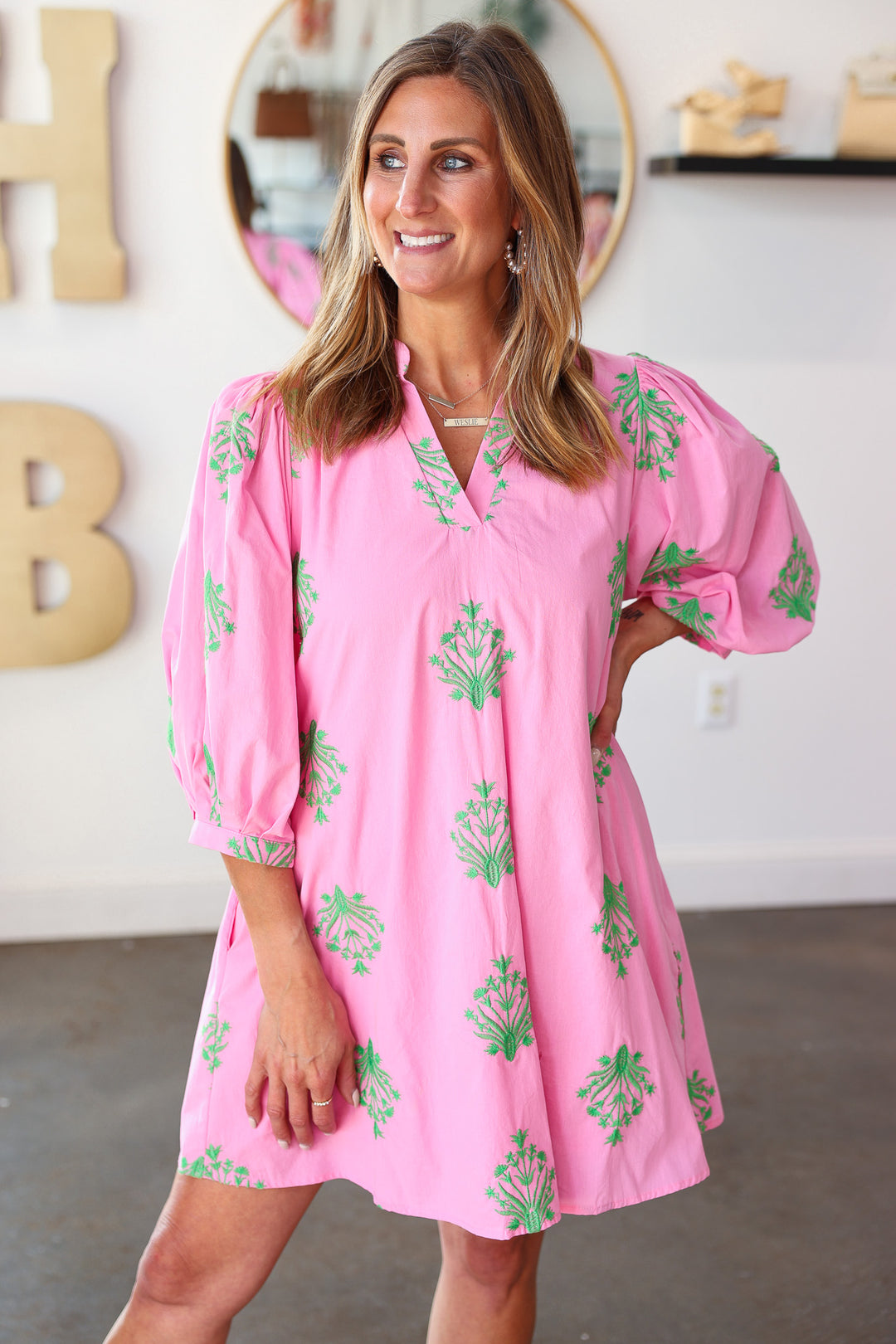 Embroidered Flowy Dress - Pink