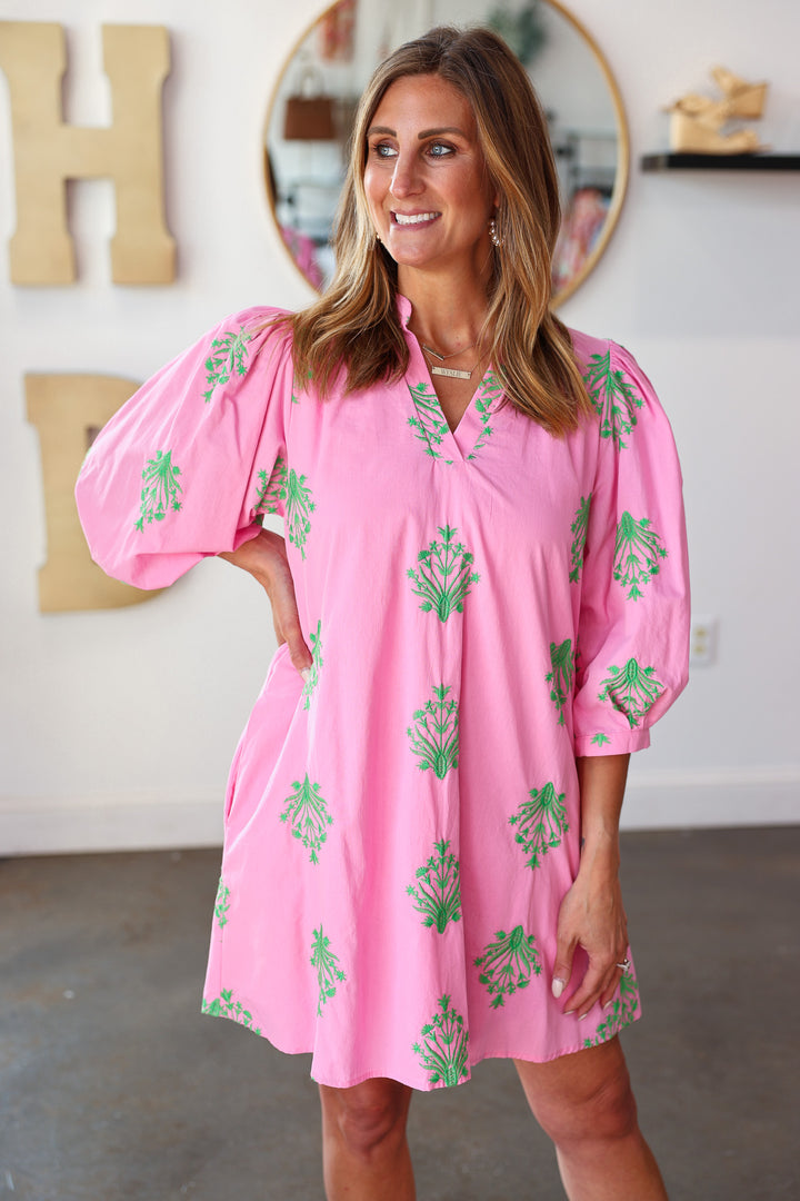 Embroidered Flowy Dress - Pink