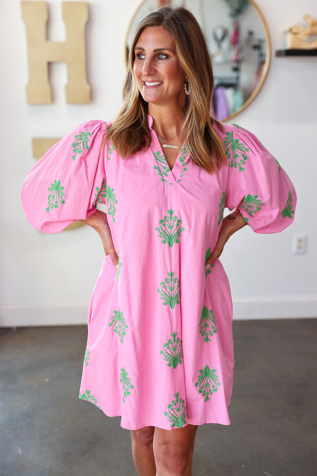 Embroidered Flowy Dress - Pink