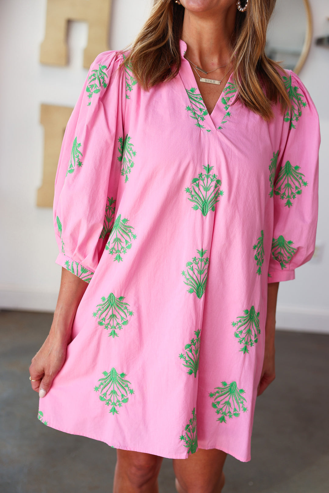 Embroidered Flowy Dress - Pink