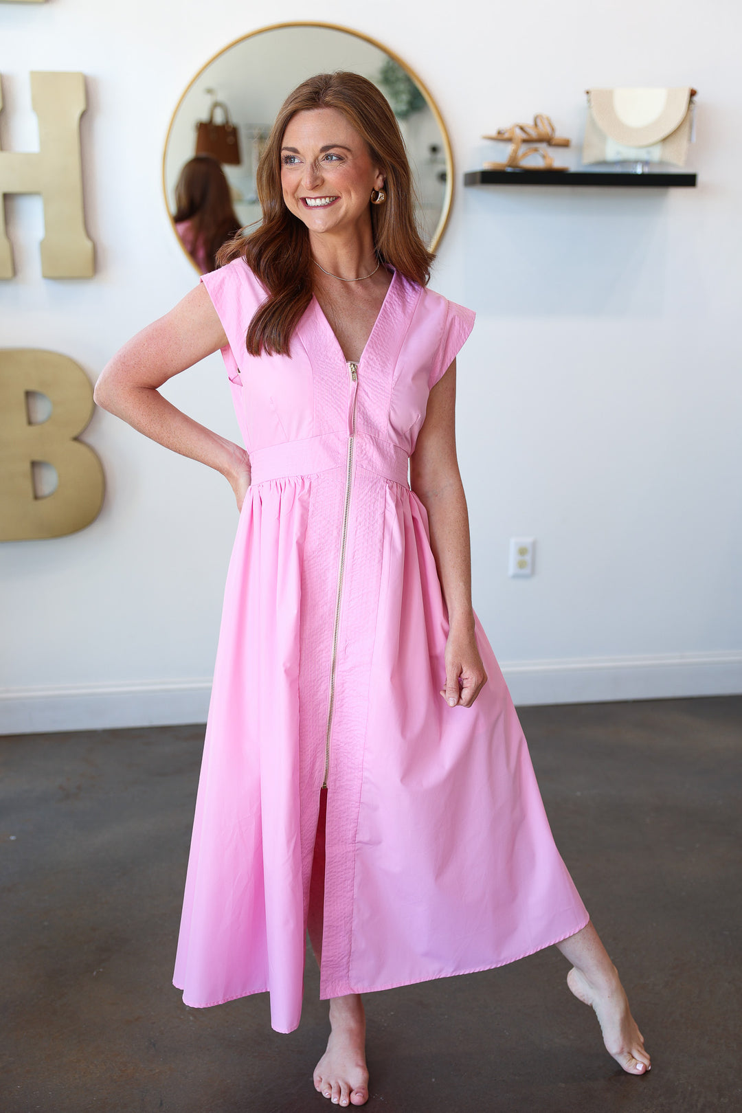 Front Zip Midi Dress - Pink