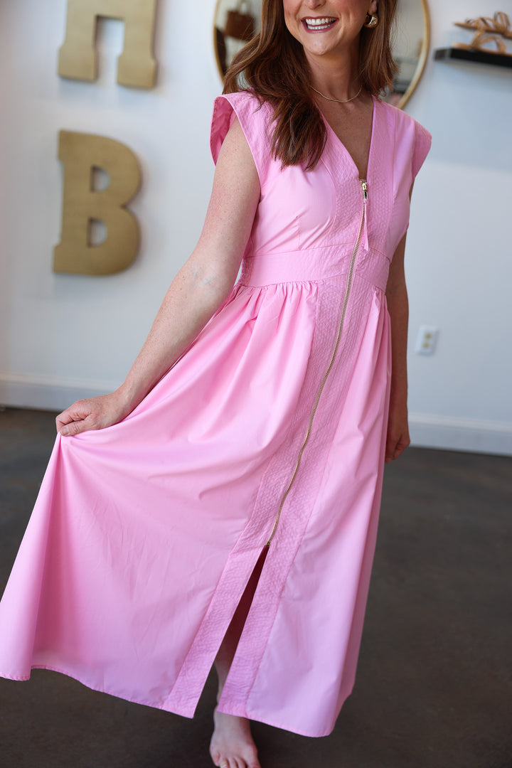 Front Zip Midi Dress - Pink