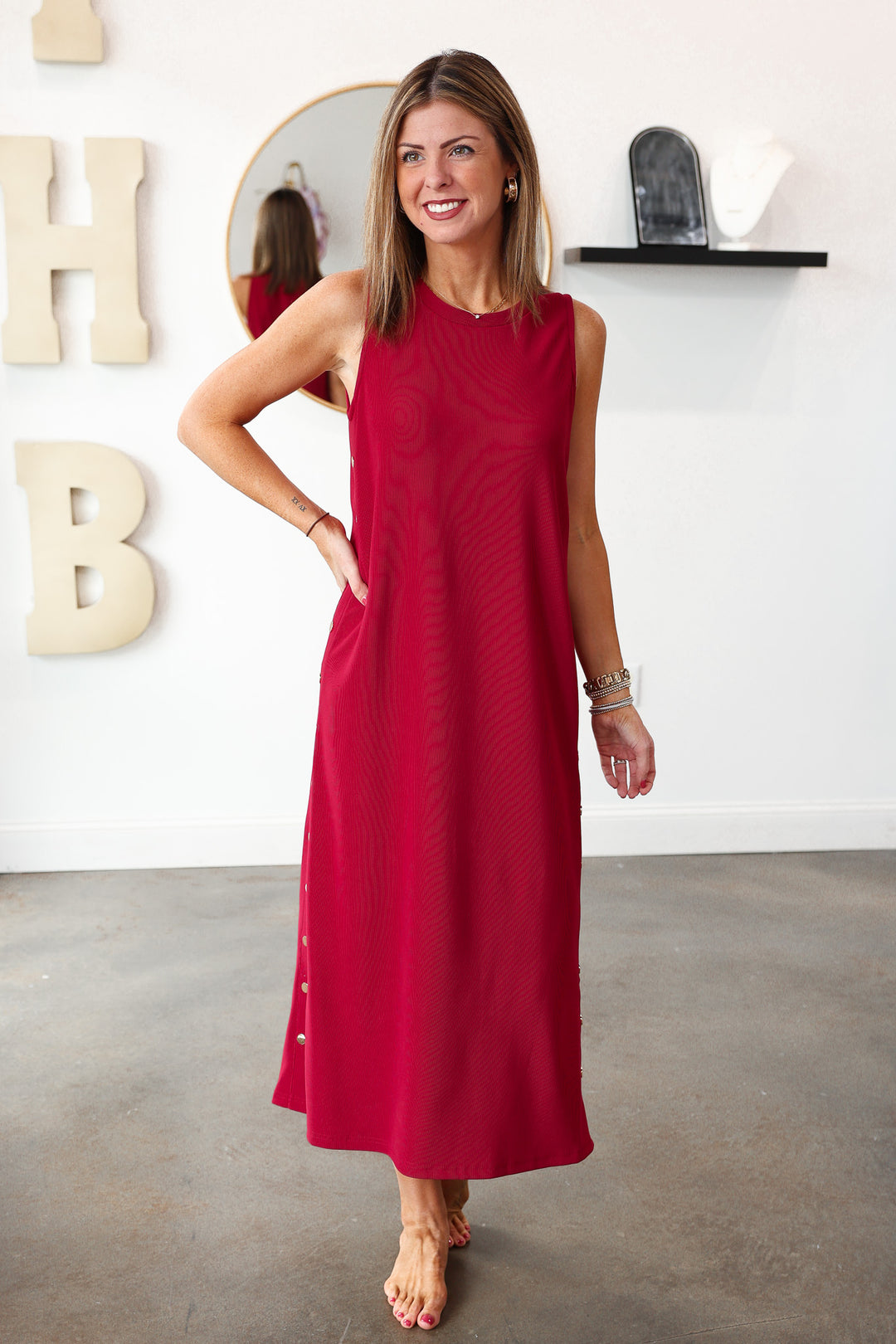 Studded Midi Dress - Red