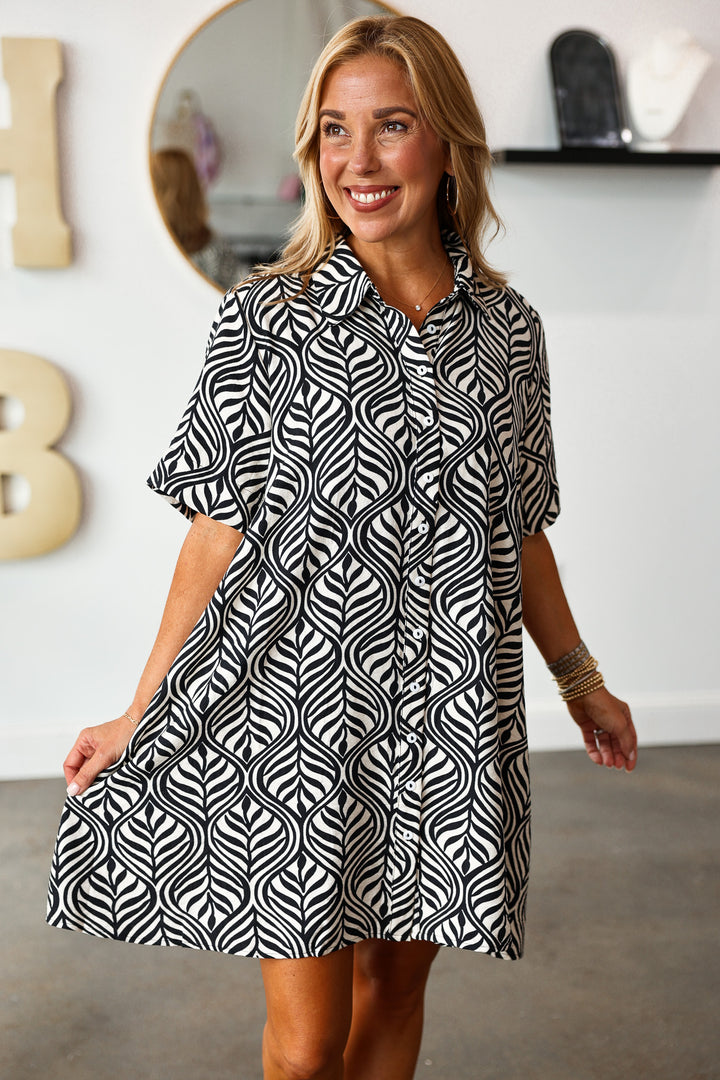 Button Down Printed Dress - Black/White
