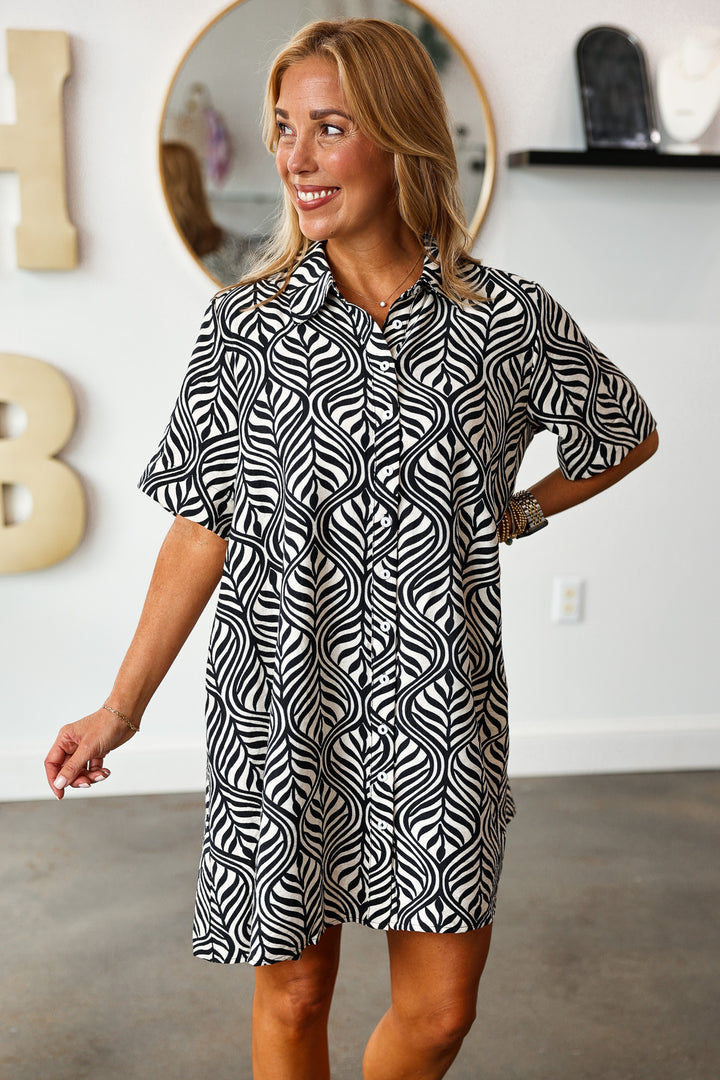 Button Down Printed Dress - Black/White