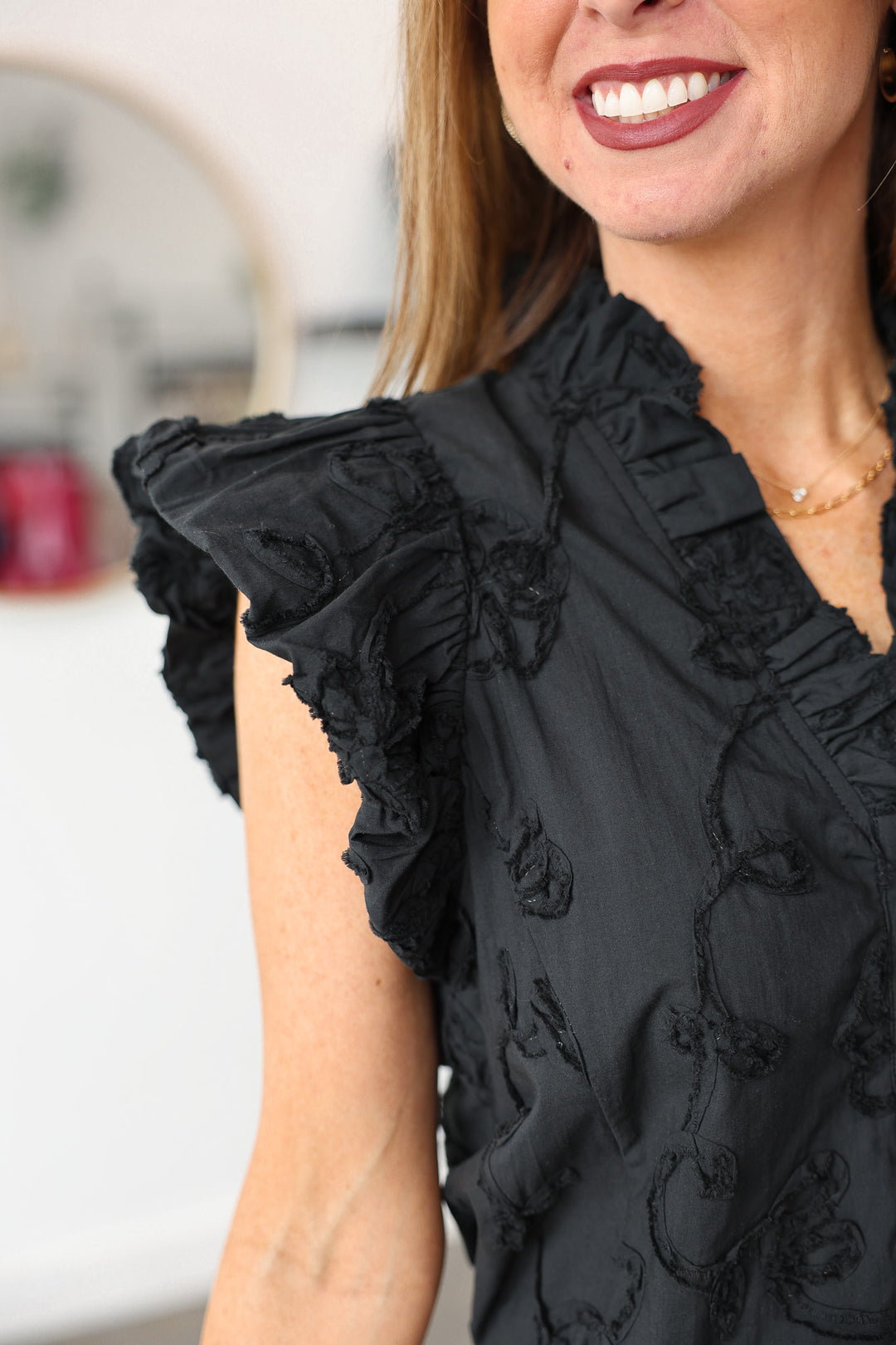 Embroidered V Neck Top - Black