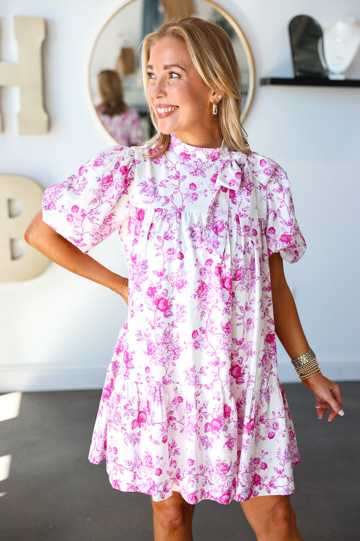 Tie Neck Floral Dress - Pink
