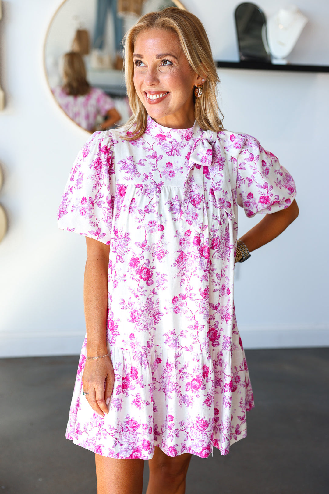 Tie Neck Floral Dress - Pink