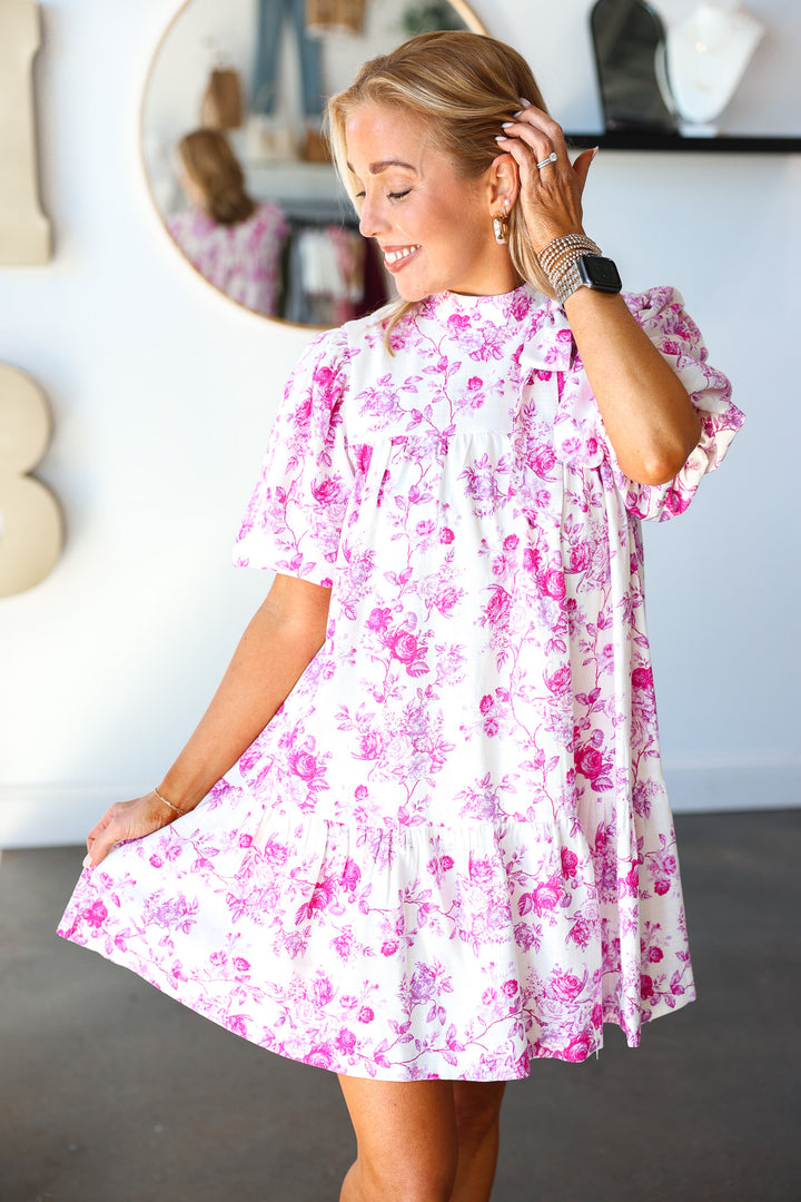 Tie Neck Floral Dress - Pink