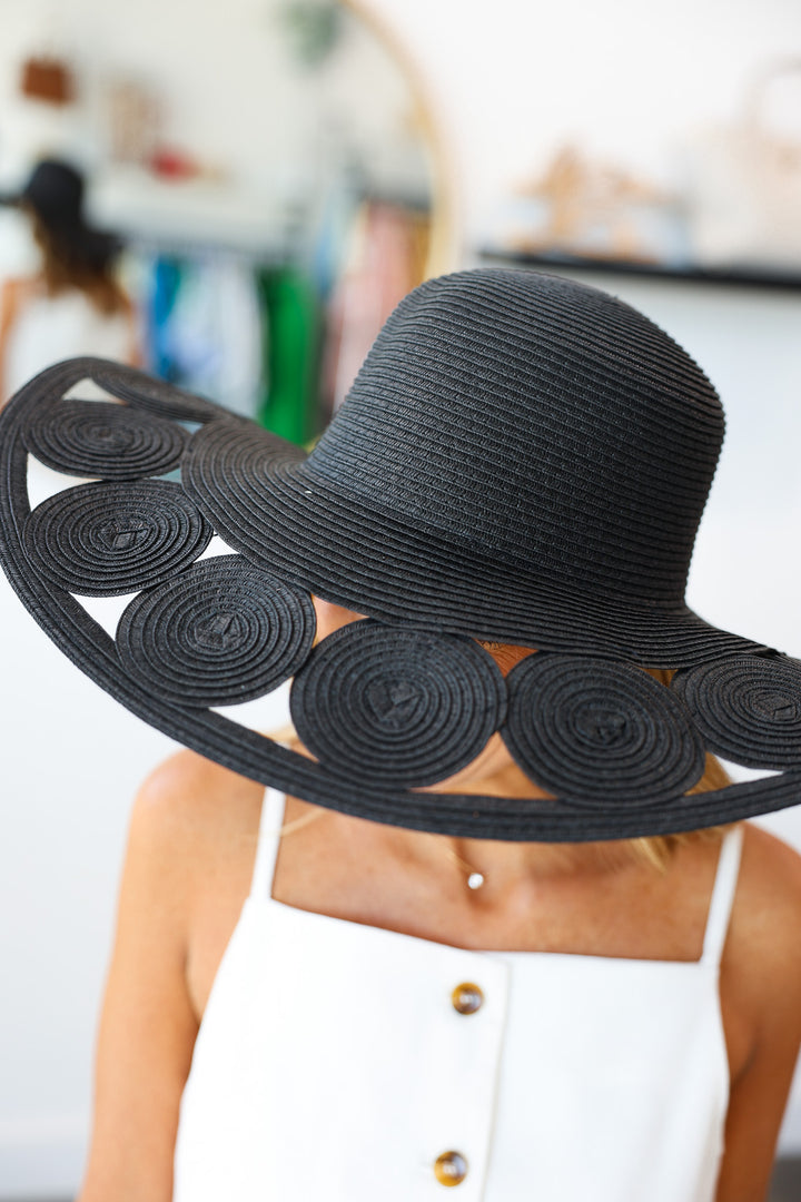 Circle Cutout Brim Straw Hat - Black