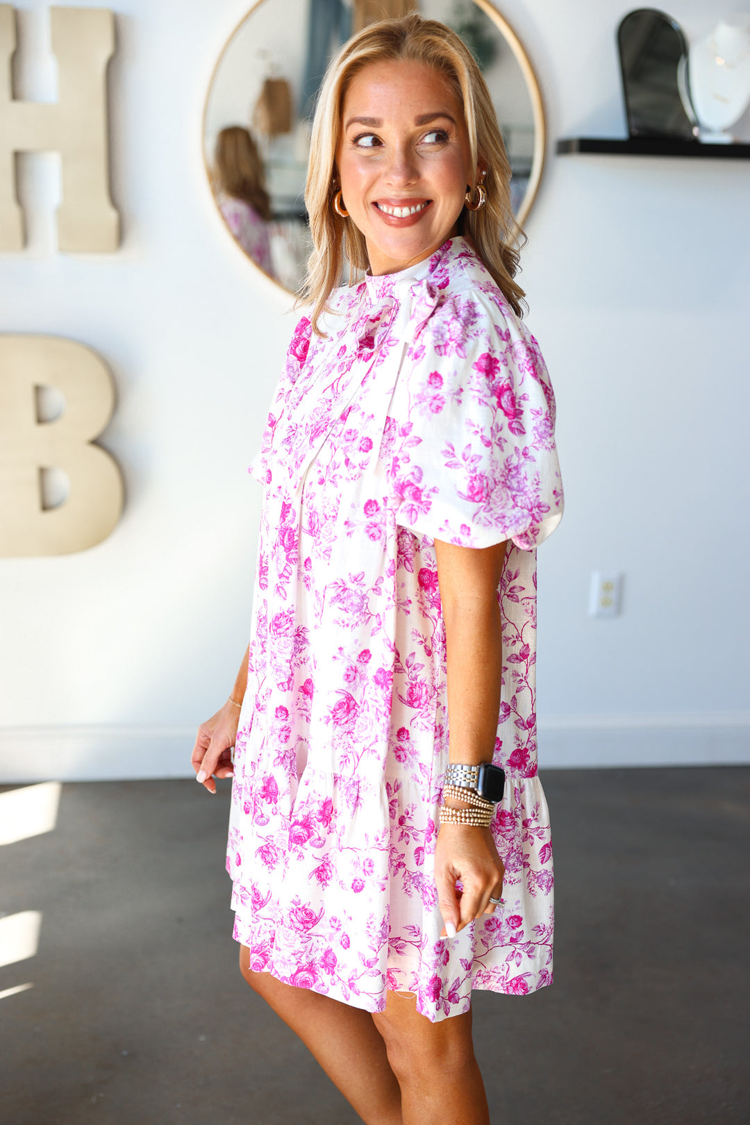 Tie Neck Floral Dress - Pink