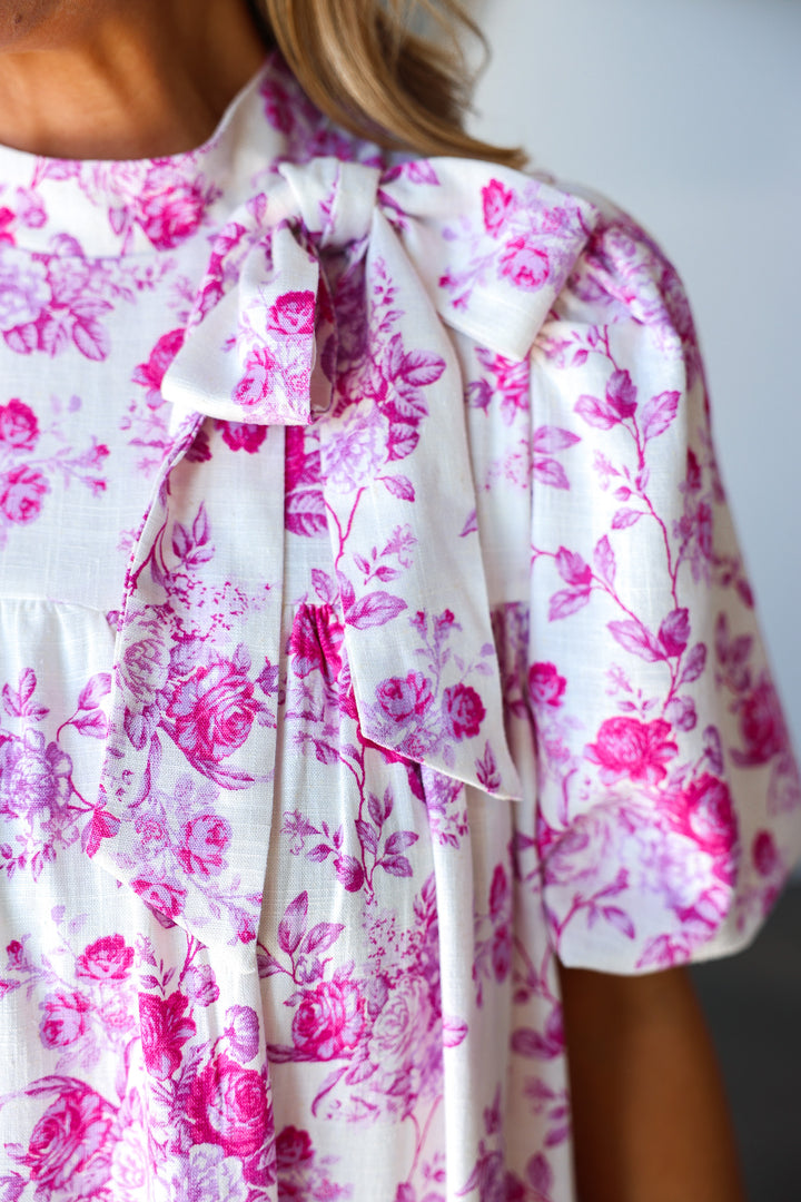 Tie Neck Floral Dress - Pink
