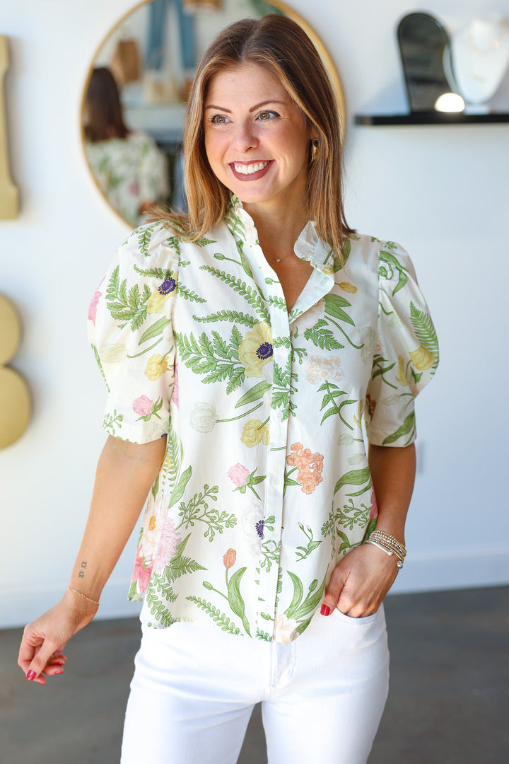 Ruffle Collar Floral Top - Cream