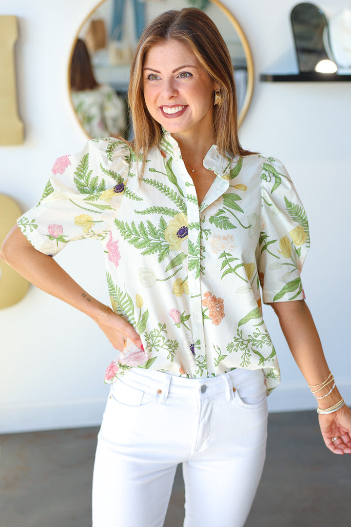 Ruffle Collar Floral Top - Cream