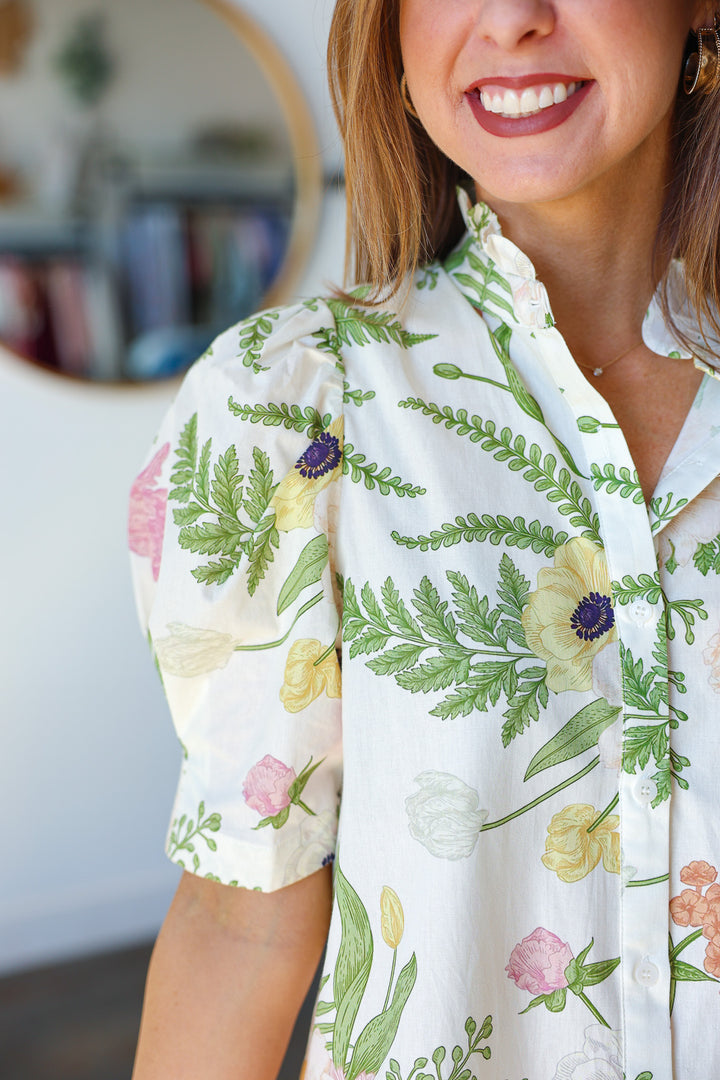 Ruffle Collar Floral Top - Cream