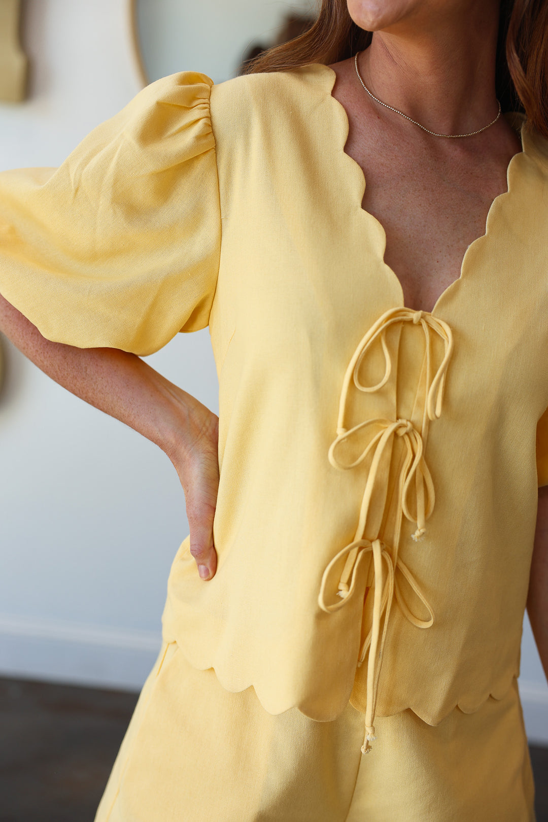 Scallop Hem Front Tie Blouse - Yellow