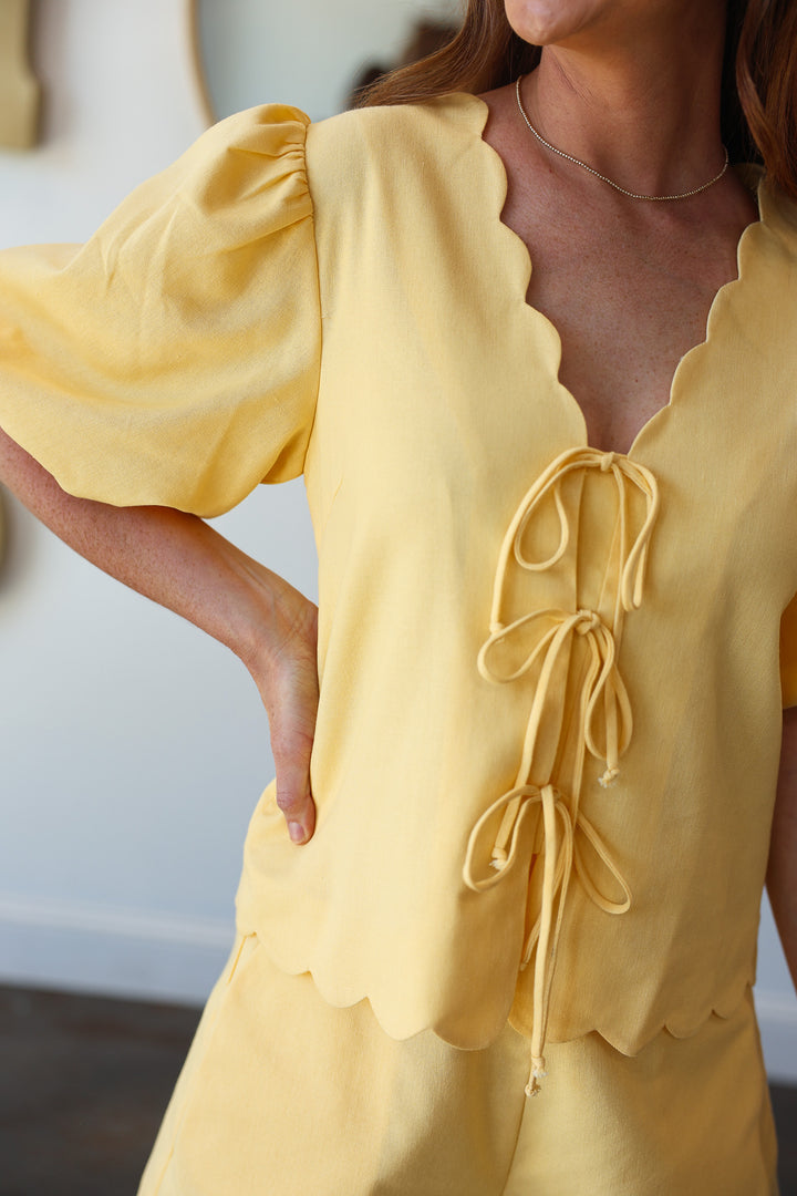 Scallop Hem Front Tie Blouse - Yellow