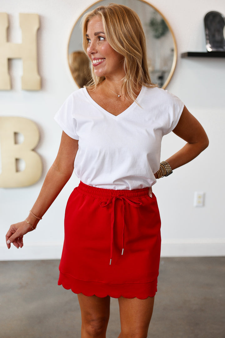 Scalloped Hem Skirt - Red