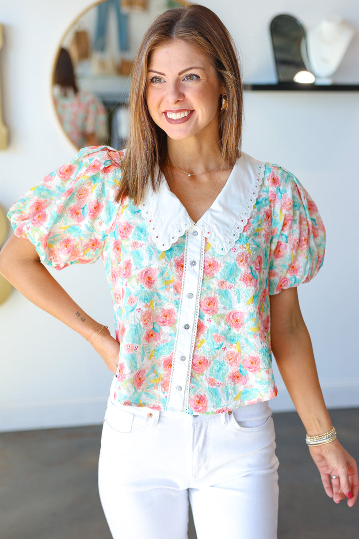 White Trim Floral Top - Multi